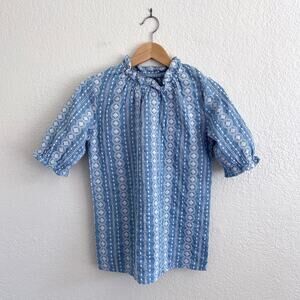 Luna Rae Chambray Eyelet Blouse Ruffle Neck Puff Sleeve Blue Embroidered Top